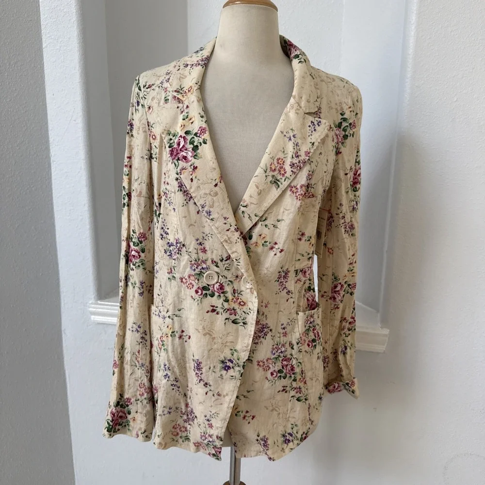 Free People Jacket XS Linen Blend Double Breast Boho Cottagecore Prairie
